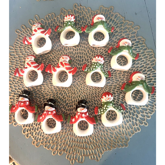 Ceramic LOT Set of 12 Christmas Whimsical Snowman Napkin Rings Holders - Picture 1 of 6